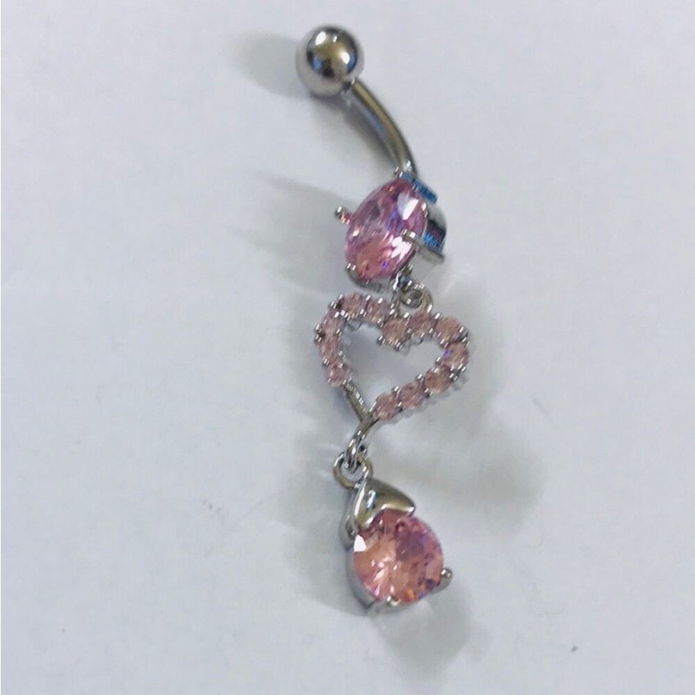 Silver Pink Heart Dangle Belly Ring